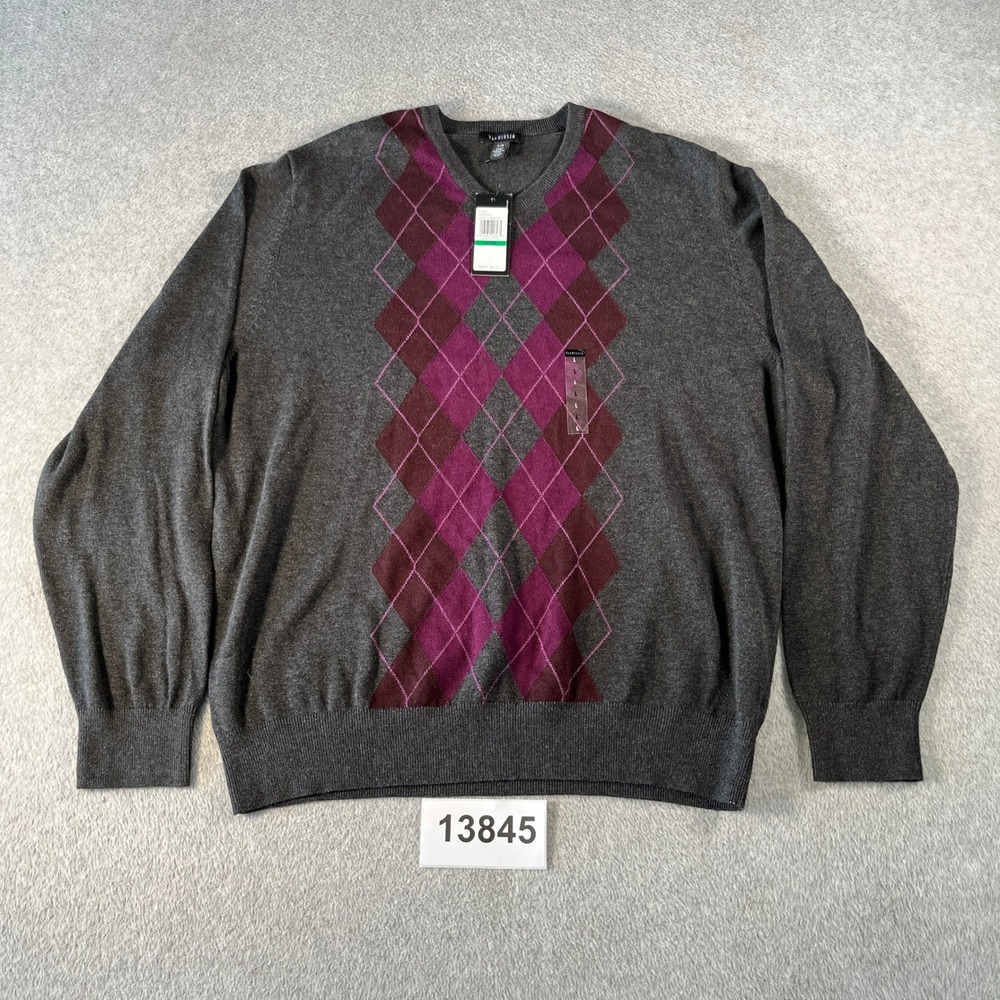 Van Heusen Novelty Sweater Mens Large Dark Gray Diamond Argyle Cotton Pullover